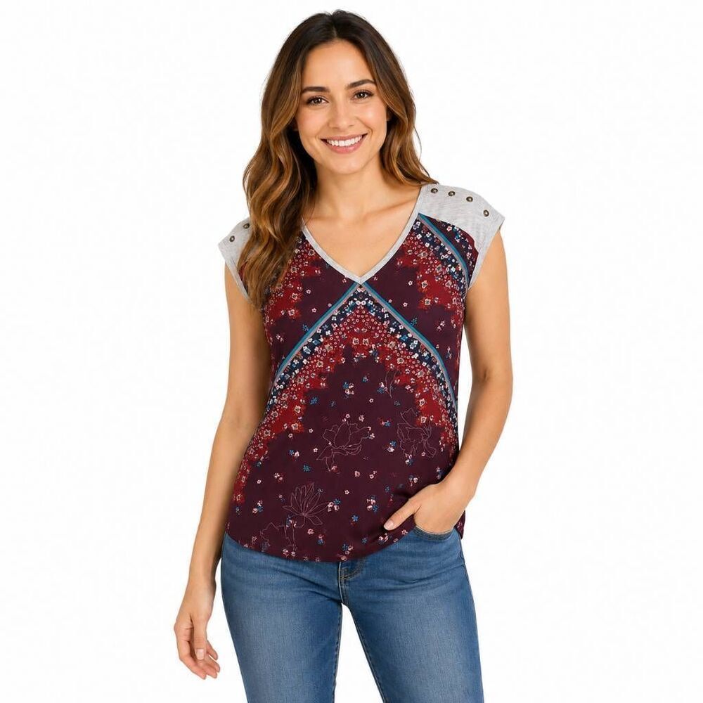 Maurices Women’s Top Size M Burgundy Mixed Print Cap Sleeve Stud Shoulder Blouse
